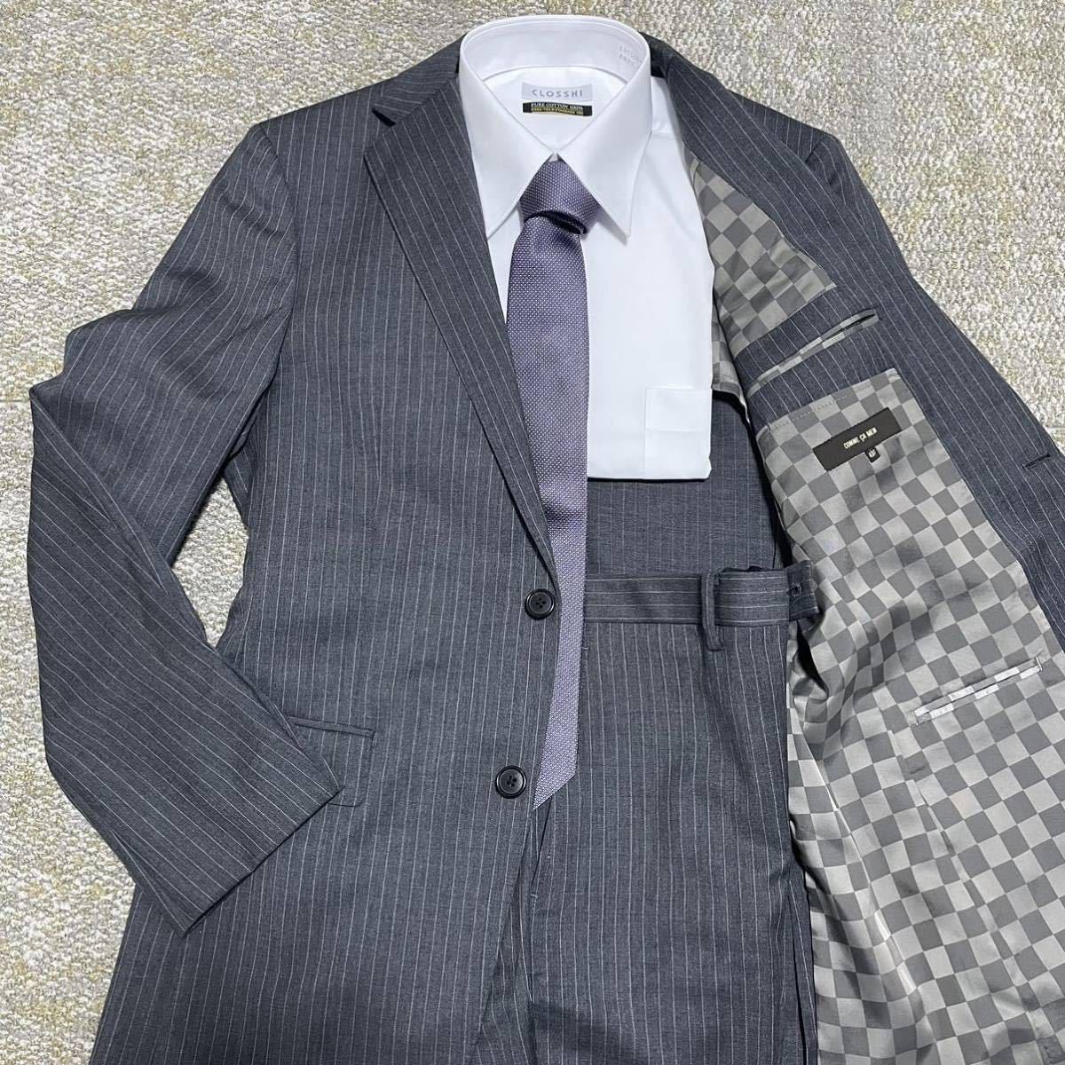 コムサメン【紳士の佇み】COMME CA MEN スーツ ジャケット セットアップ 生地イタリー製 裏地ダミエ柄 ストライプ グレー サイズ48 L位