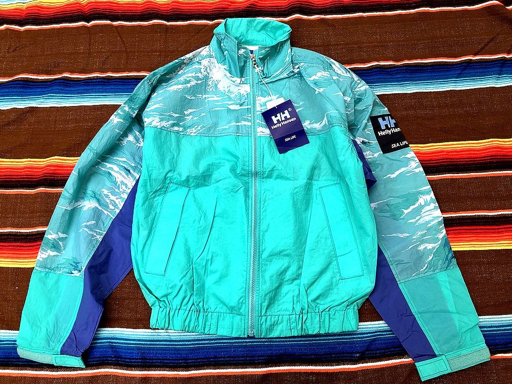 ◇HELLY HANSEN ヘリーハンセン　デッドストック　ナイロン　ジャケット　L　柄物　アクアブルー◇ ビンテージ 80s 90s ウインドブレーカー