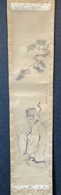 【模写】儒学者 皆川淇園「寿老人に鹿図」紙本箱付 南画家 江戸期 検)/文人画墨蹟/書画/掛け軸/中国/日本画/七福神/水墨/