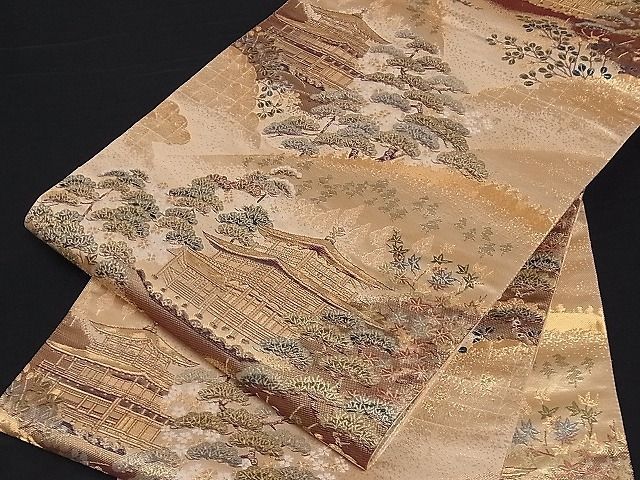 着物屋こころ□両面全通柄袋帯 名所風景文 金糸 正絹 逸品 A-