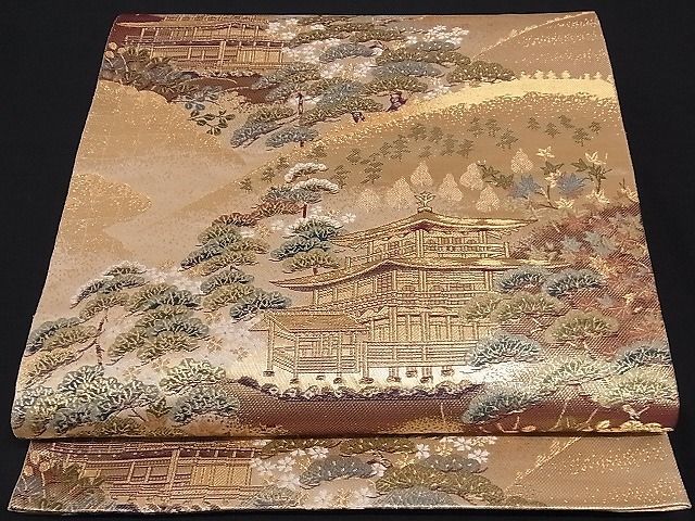着物屋こころ□両面全通柄袋帯 名所風景文 金糸 正絹 逸品 A-