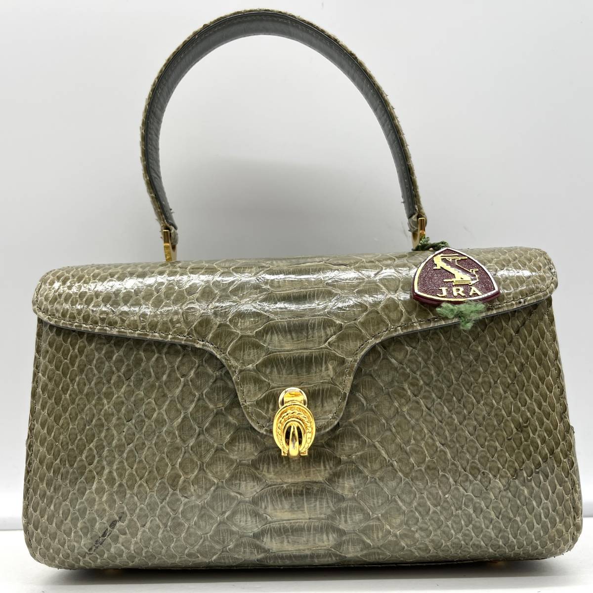 1円 【JRAタグ】 エキゾチックレザー シャイニング パイソン ゴールド金具 自立 バニティー ハンドバッグ グリーン 緑 革 レザー 金
