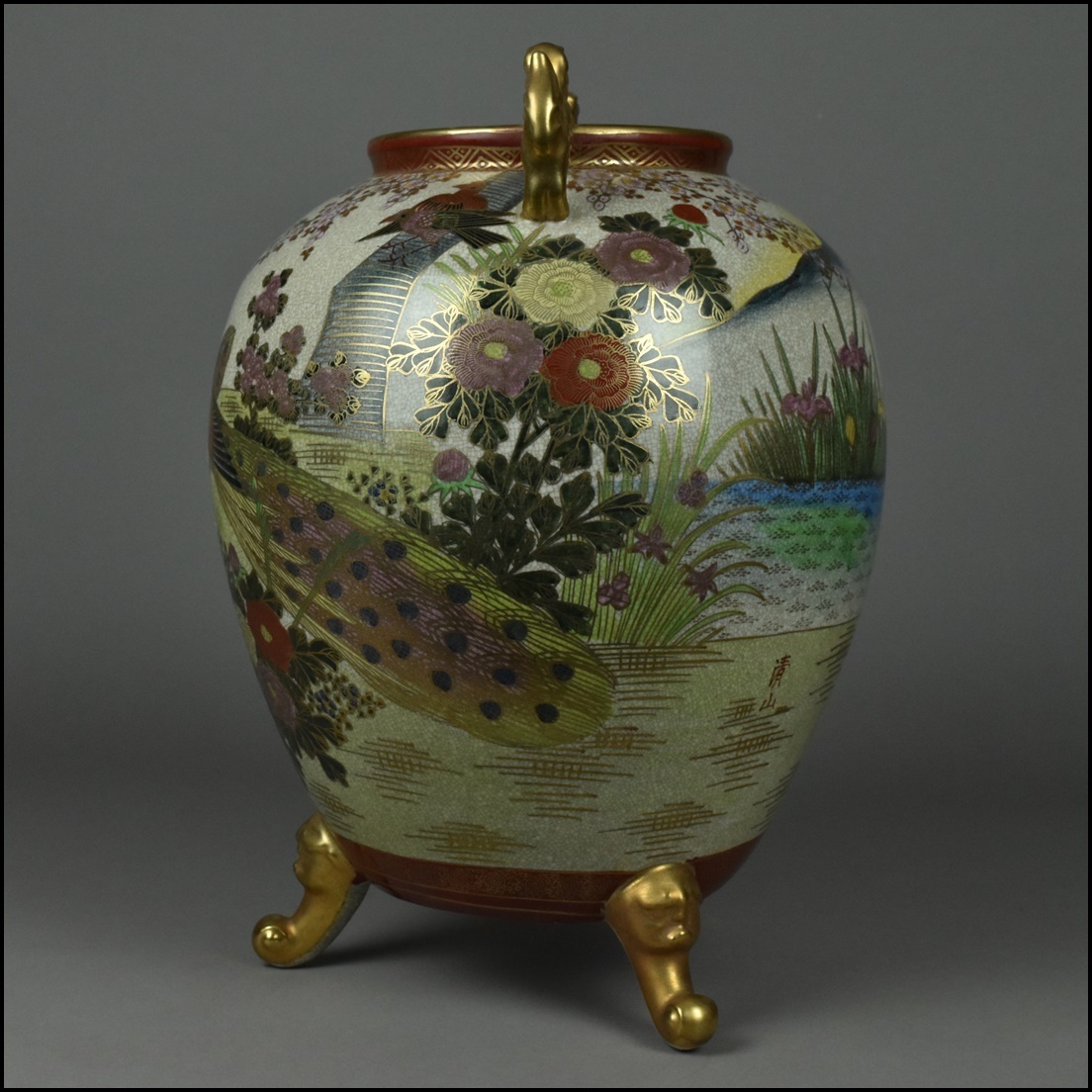 薩摩焼 勇仙作 色絵金彩花鳥図獅子耳 大香炉 高さ45cm BE941 薩摩焼 勇