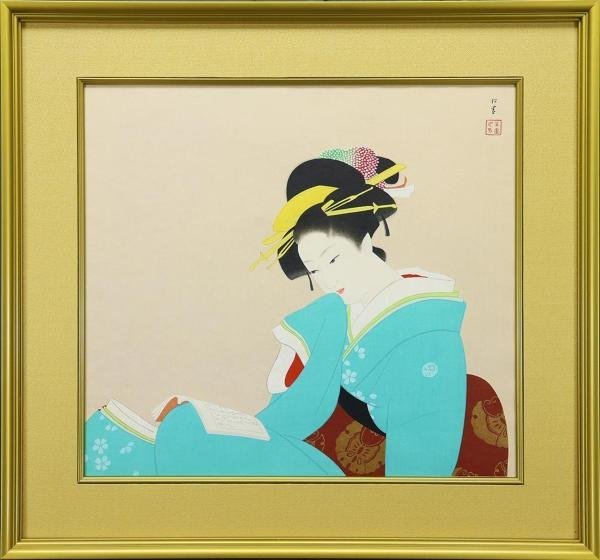 真作】【WISH】上村松園「鼓の音」シルクスクリーン 約10号 証明シール