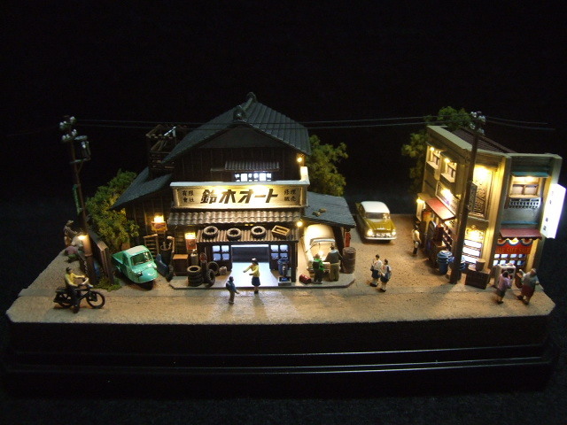 ★1/150Nジオラマ＜昭和の情景・ALWAYS三丁目の夕日、鈴木オート（第一作版）＞AC電源可・LED・背景（夕焼）・ケース付★