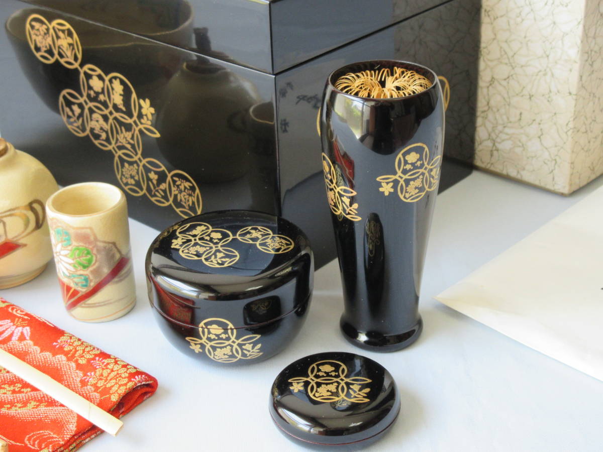黒真塗 花七宝蒔絵 利休茶箱揃】【黒真塗花七宝蒔絵 茶箱12点セット 