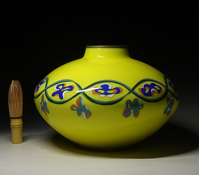 緑屋i□ 古美術品 七宝 黄玉釉 黄地 花瓶 壺 幅約25cm 時代物 i9/0512
