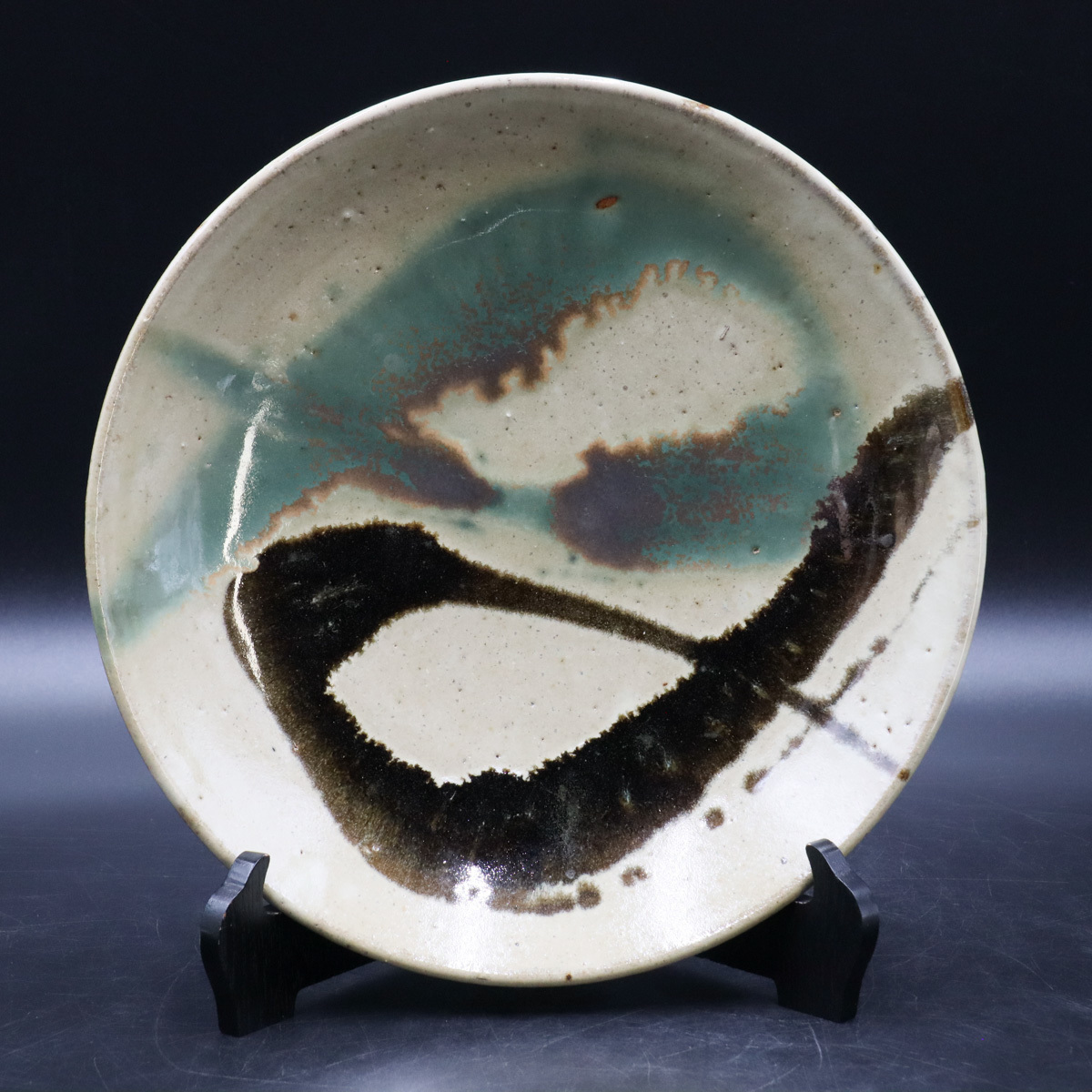 宙】人間国宝 浜田庄司 益子焼 釉描盛皿 29.1cm 共箱 文化