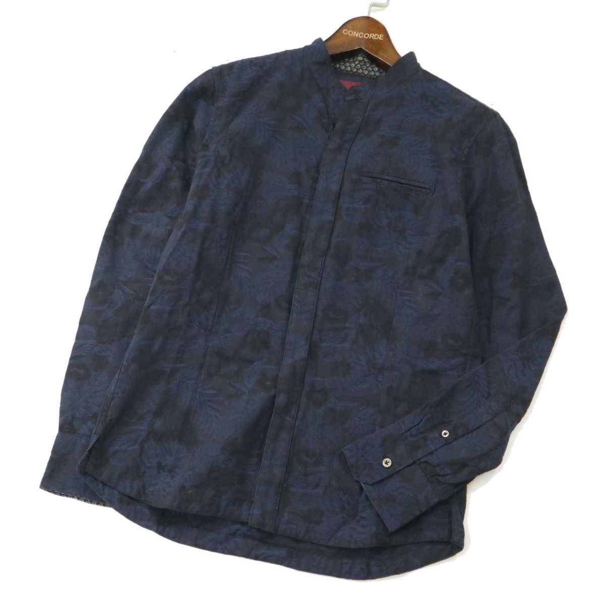 Whole9 NICOLE ニコル 春夏 【ボタニカル 総柄】 比翼仕立て 長袖 バンドカラー シャツ Sz.46　メンズ ネイビー　A3T05106_5#A