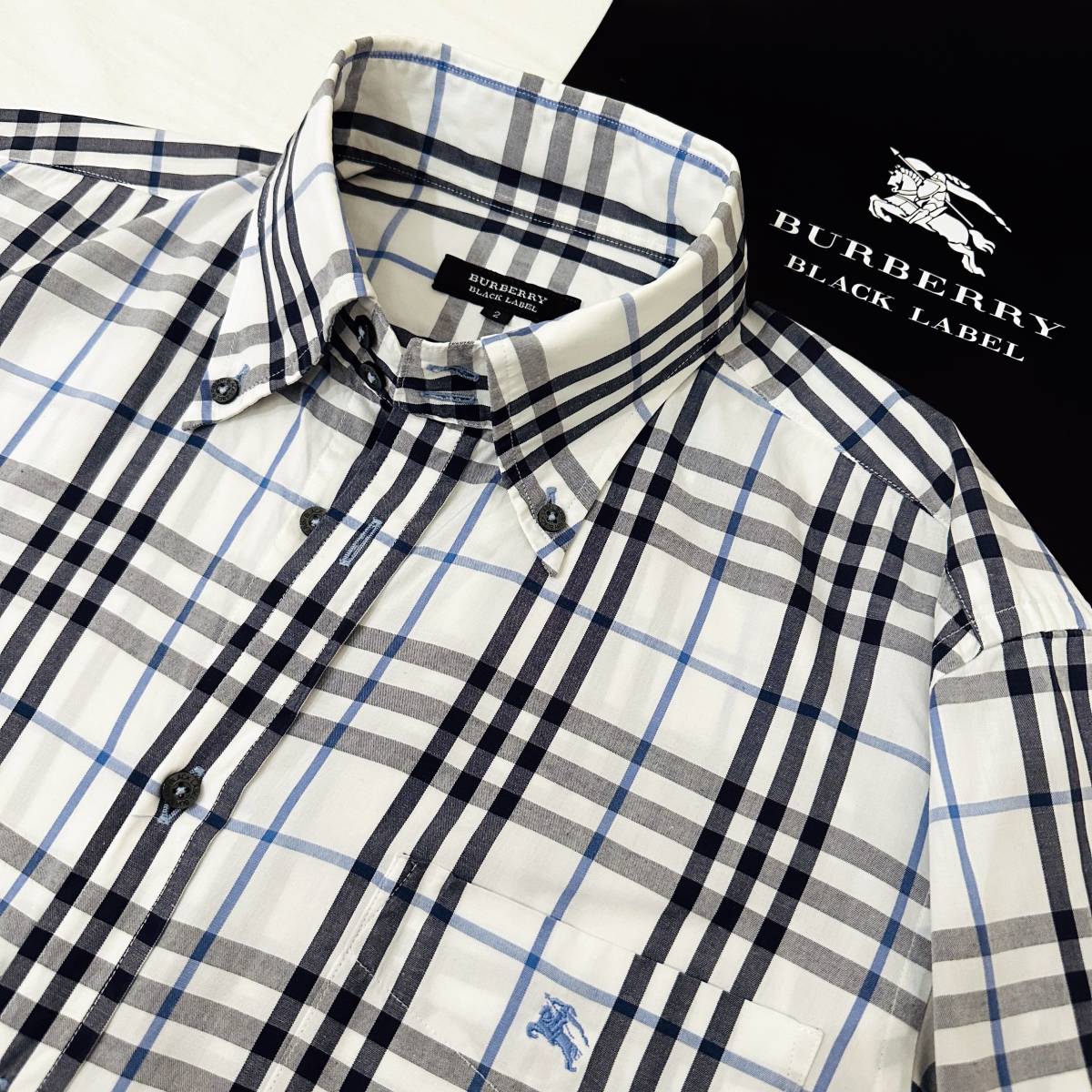 美品 名作 BURBERRY BLACK LABEL 半袖ドゥエボットーニボタンダウンシャツ ノバチェック総柄 ホース刺繍 白黒青 2(M) 日本製 #2424
