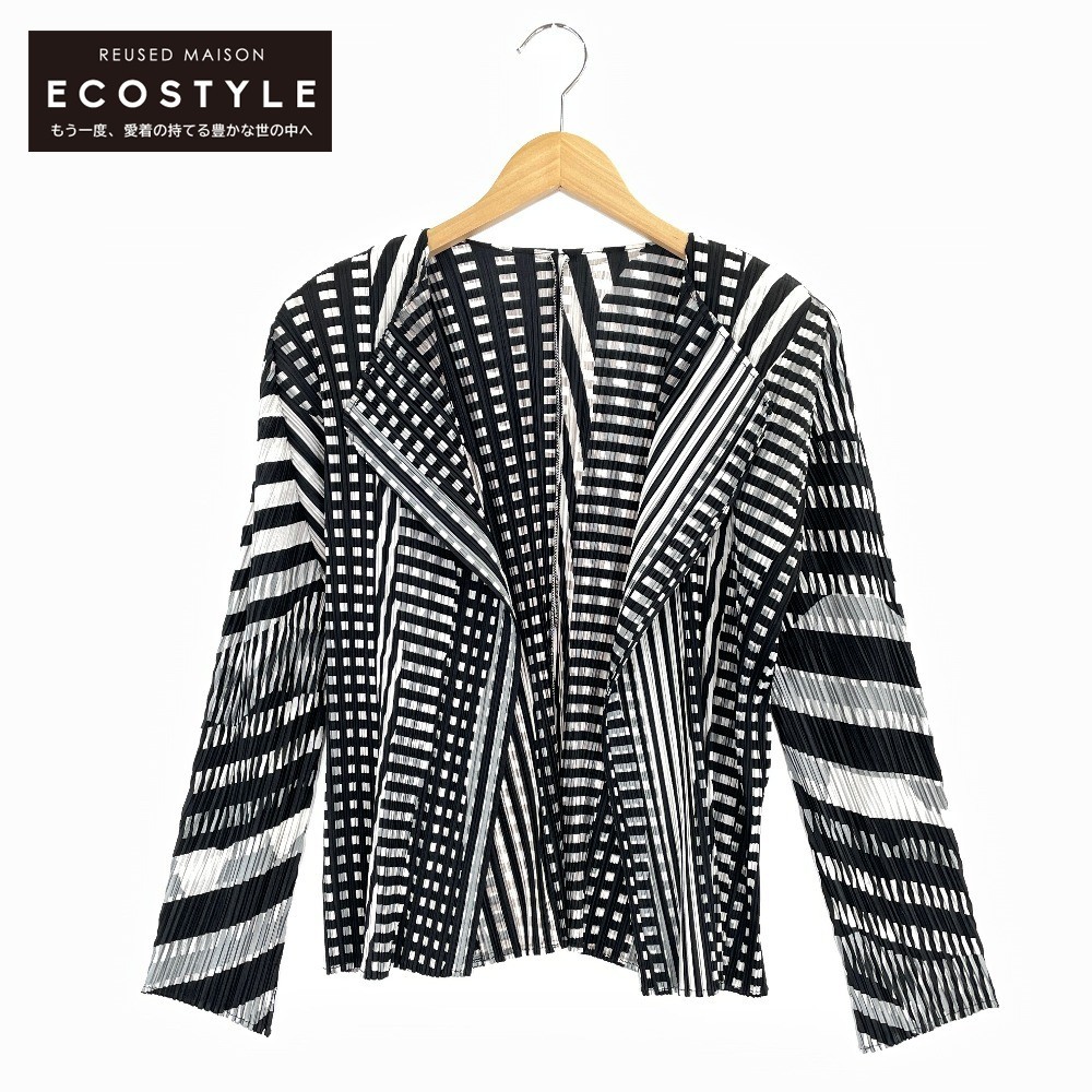 美品/ PLEATS PLEASE プリーツプリーズ PP33-JO852 総柄 プリーツ ボタンレス カーディガン 3 ブラック/ホワイト レディース