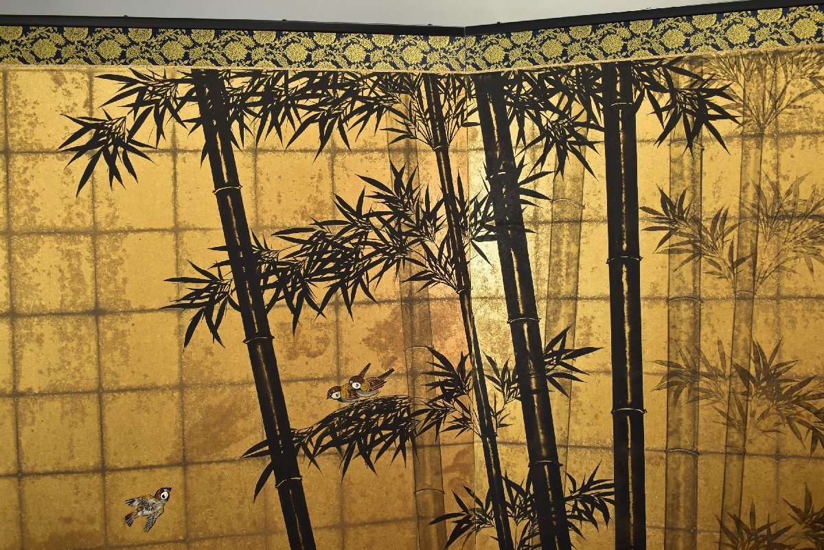 江崎順造 金台 肉筆 竹に雀図 二枚折 屏風 水墨画 師 竹内栖鳳 日本画