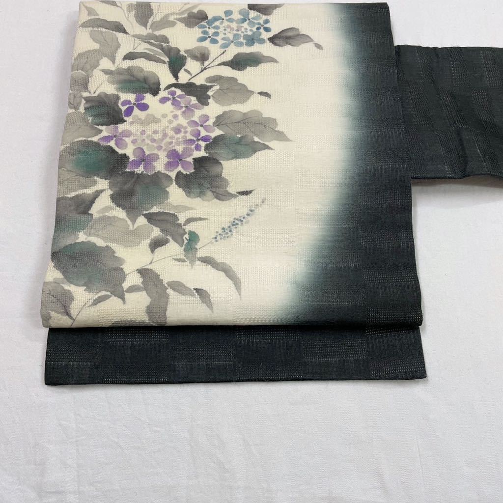 着物月花 紫陽花 夏9寸名古屋帯 お太鼓柄 麻 夏帯 ob740 夏