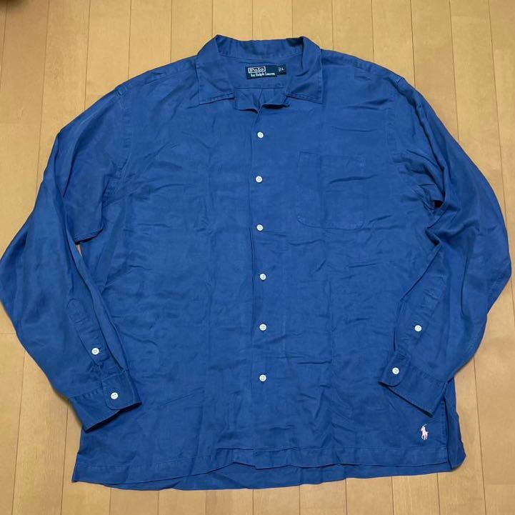 ラルフローレン 長袖 オープンカラー シャツ 青 ピンク L シルク