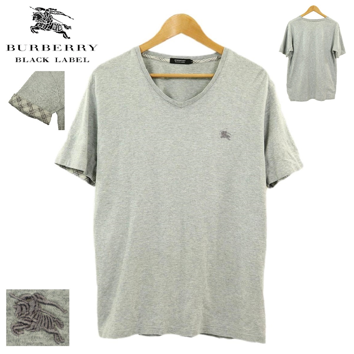 【B2283】BURBERRY BLACK LABEL バーバリーブラックレーベル Tシャツ Vネック カットソー ノバチェック ホースマーク ホース刺繍 サイズ3