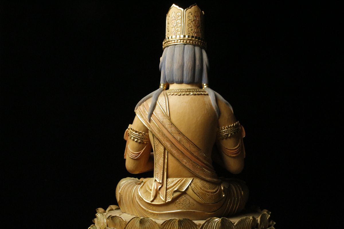 LIG】時代仏教美術 細密木彫金彩 大日如来坐像 特大94㎝ 精巧細工 寺院