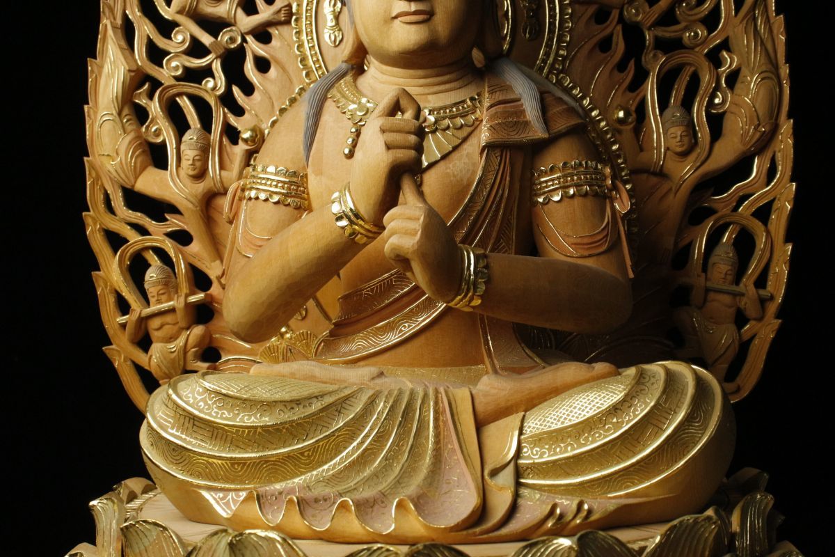 LIG】時代仏教美術 細密木彫金彩 大日如来坐像 特大94㎝ 精巧細工 寺院