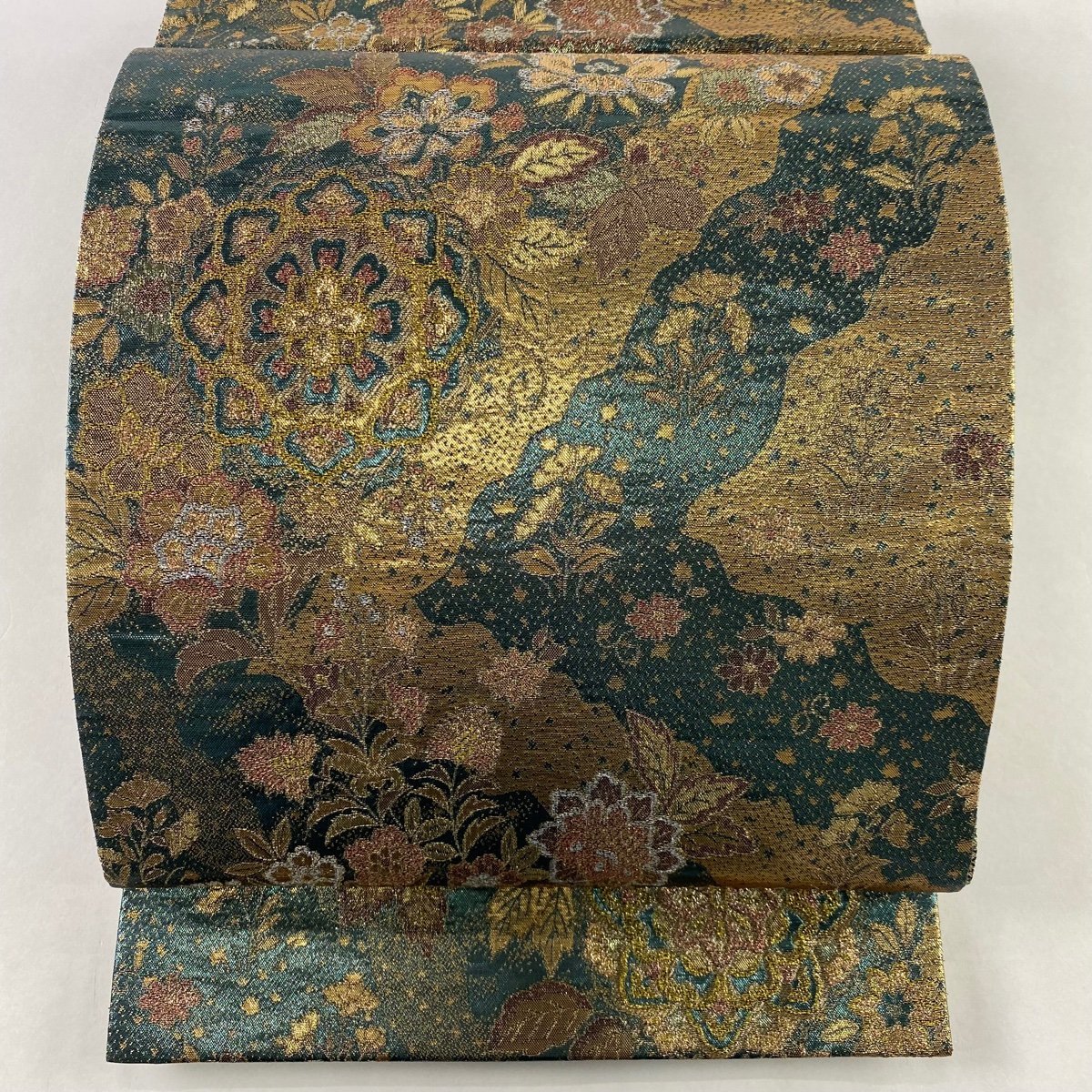 袋帯 美品 秀品 更紗 華文 箔 金糸 青緑 六通 正絹 【中古】