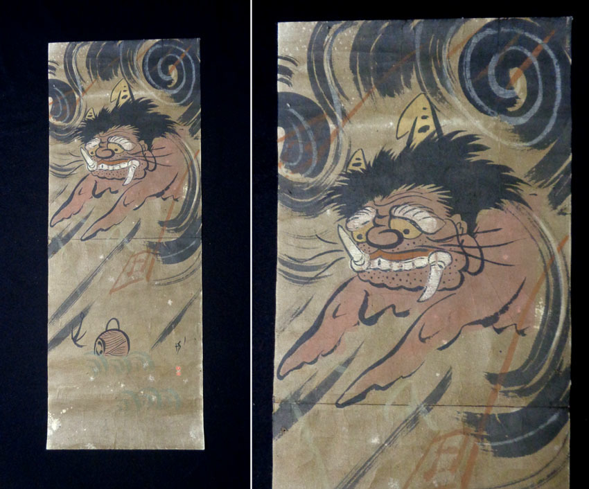 G763 古い 大津絵 雷公の太鼓釣り 肉筆 72㎝×27.3cm 民画【 民芸