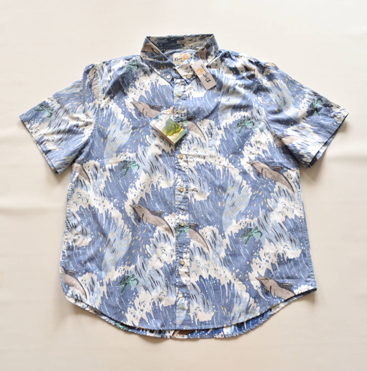 新品【 レインスプーナー 】半袖 アロハシャツL /フルボタン/裏地使い/リバースプリント/ホヌ/イルカ/PACIFIC SWELL