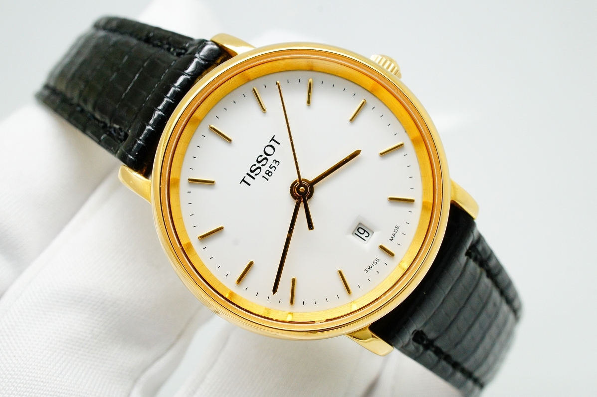 F92●作動良好 未使用ベルト 美品 TISSOT ティソ スイス製 サファイアガラス ラウンド型 デイト レディース腕時計 ゴールド金 クォーツ