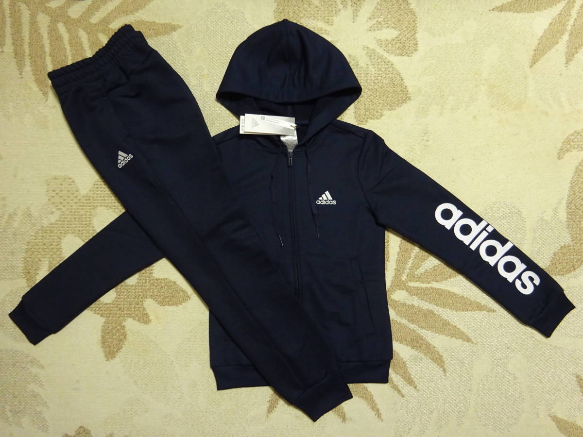 新品 adidasアディダス S 快適素材!! 袖のadidasプリントが大人気!!フード付きジャージ上下 ネイビー 紺 即決