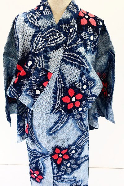 超美品 綿 有松絞り 本染 浴衣 着物 夏物 163cm トールサイズ 紺 水色