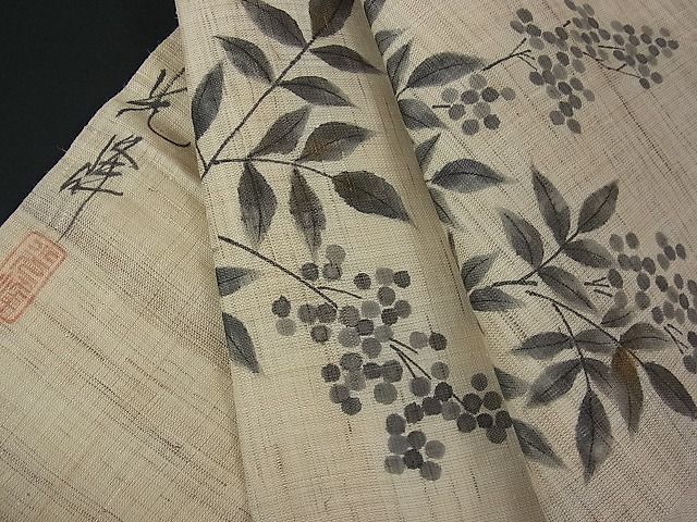 花美人□夏物 太鼓柄袋帯 作家・光峰 南天枝葉文 手描き 金彩 麻 逸品 