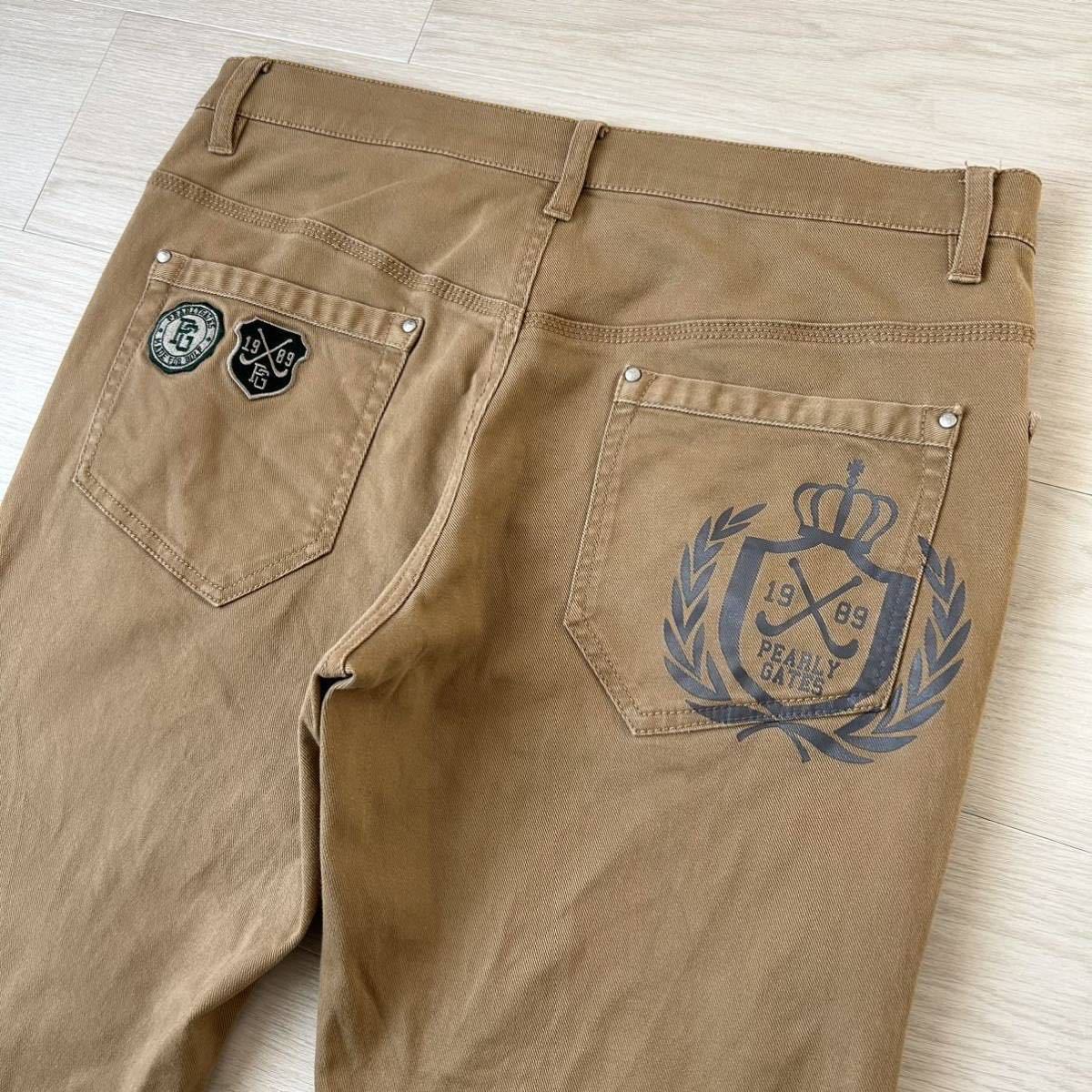 希少サイズ 6 PEARLY GATES パーリーゲイツ ロゴ刺繍 プリント コットン ツイル ストレッチ パンツ ベージュ メンズ ゴルフ 製品洗い