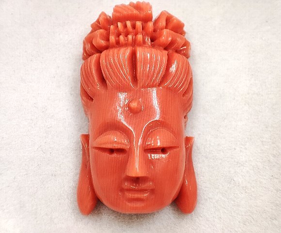 DN0385★洋銀 天然桃サンゴルース 仏頭彫刻 珊瑚 カービング★3.6g★洗浄済
