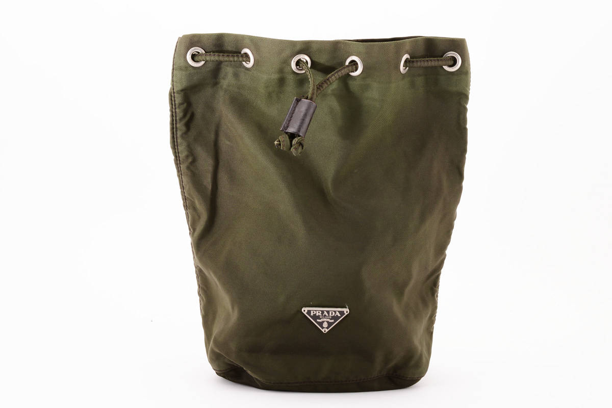 1円 PRADA プラダ テスート ナイロン リナイロン 巾着ポーチ マルチケース ロゴプレート カーキ系 23-4371