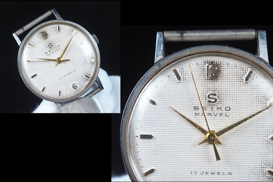 cu73_希少 SEIKO セイコーマーベル 網模様 文字盤 変わり文字盤 手巻き 腕時計 Sマーク