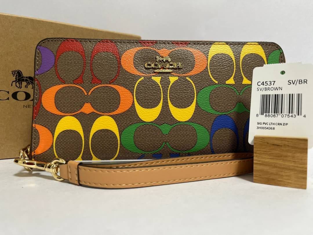 e-25 COACH コーチ 財布 長財布 ブラウン/レインボー シグネチャー コーテッド キャンバス、スムース レザー c4537