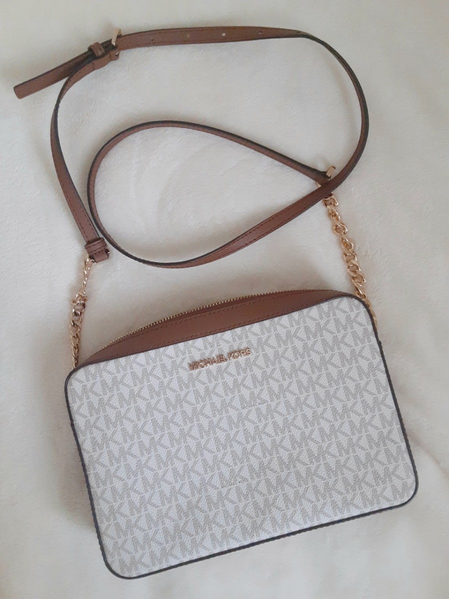 MICHAEL KORS マイケルコース MK柄 PVC×レザー ショルダーバッグ 斜め掛けかばん アイボリー系×ブラウン系