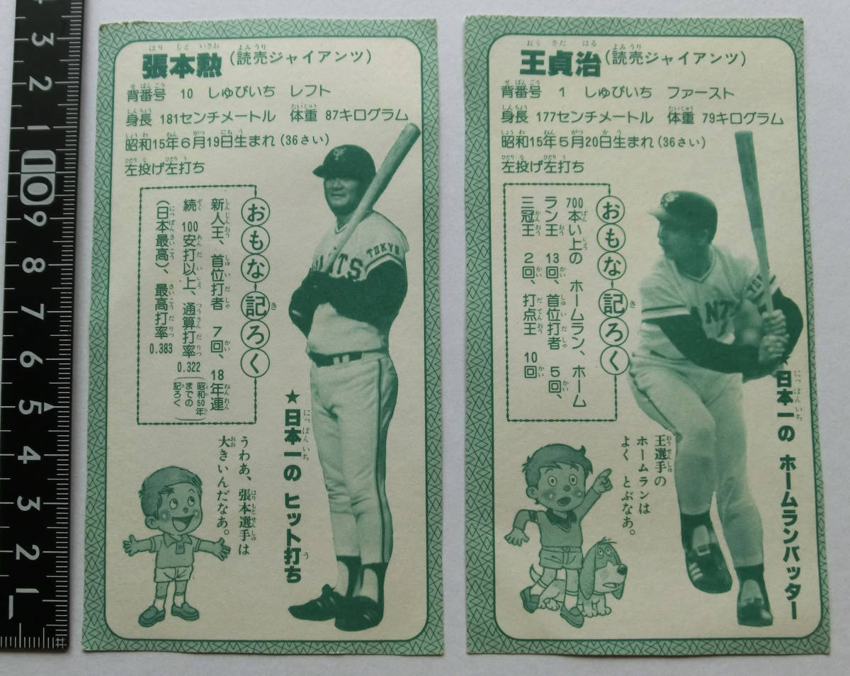 珍品 1976 付録 昭和野球選手カード 王貞治 張本勲 読売巨人軍 