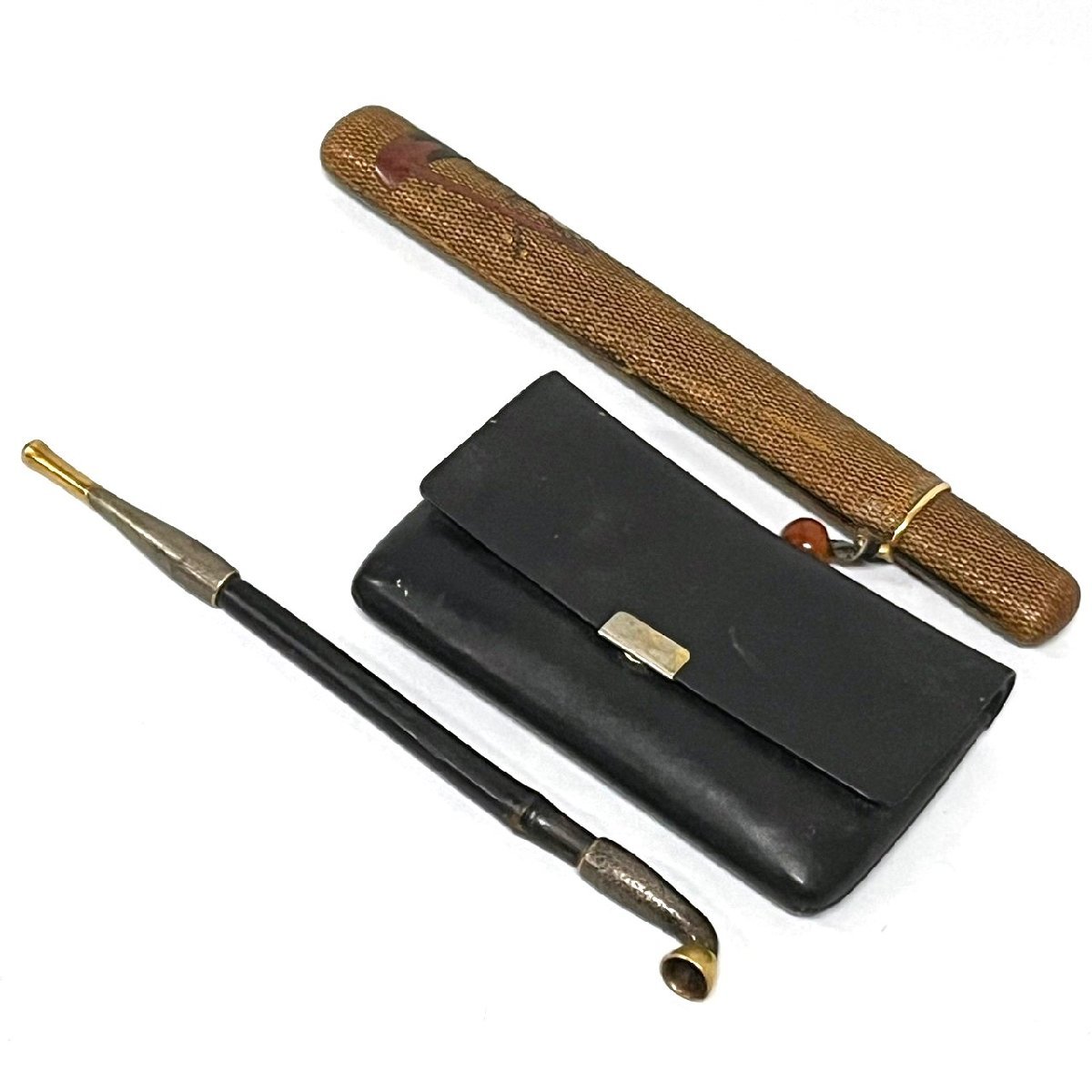 時代物 金製縁 籐網代編 煙管筒 縦約21.5cm 重約25g・籐編煙管筒 在銘 