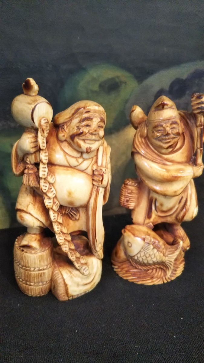 根付 Netsuke 提げ物 貴重な天然素材 象牙風 マンモス 微細彫刻 恵比寿