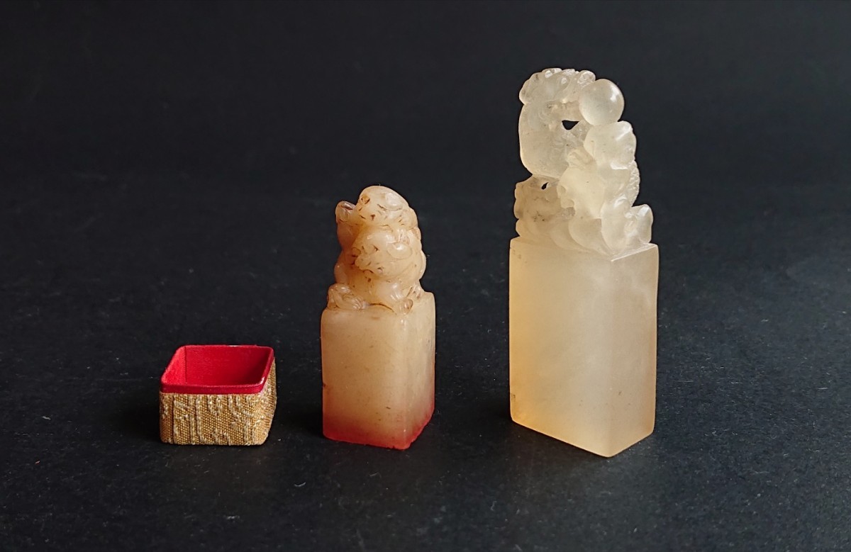 印材　壽山石　凍石 ドラゴン彫刻 印章　1980年代 印材 寿山石 古印材 篆刻 刻印 水晶凍 高山 箱付 壽山石 書道筆紙硯