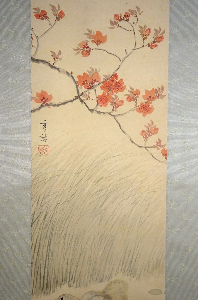 掛け軸】 池上秀畝 「紅桃雛鶩」 真作 真筆保証 絹本 共箱 二重箱 四条