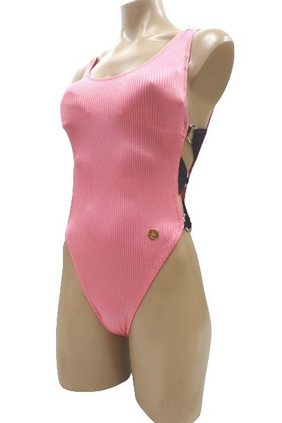 r2_8463 美品 cecile モノキニ風ハイカット水着 ワンピース 水泳 光沢 リング ピンク サイズ9M