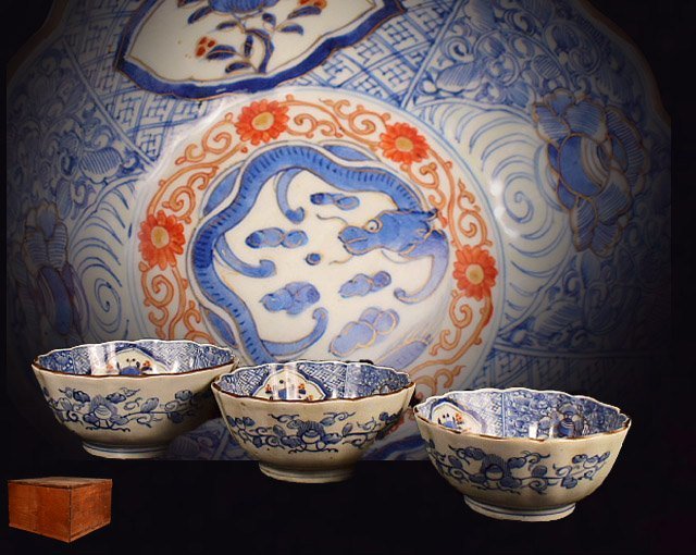 S122【泉美】染付　鉢　三種　3客　菓子鉢　菓子器　木箱入