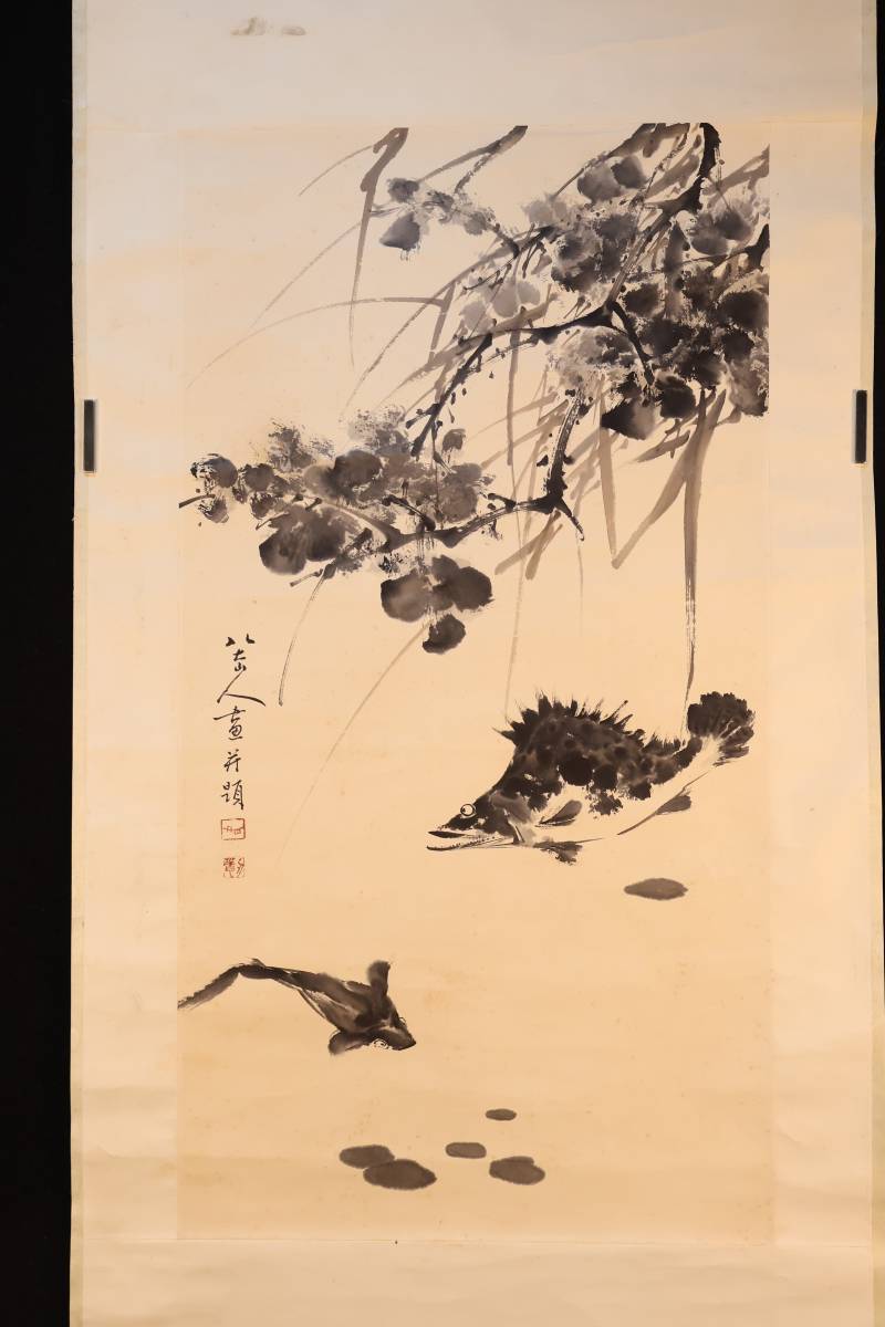 真作】喜聞◇『堂本印象 紅梅花に鷹図 (花鳥画) 短冊(春景図)』 1幅