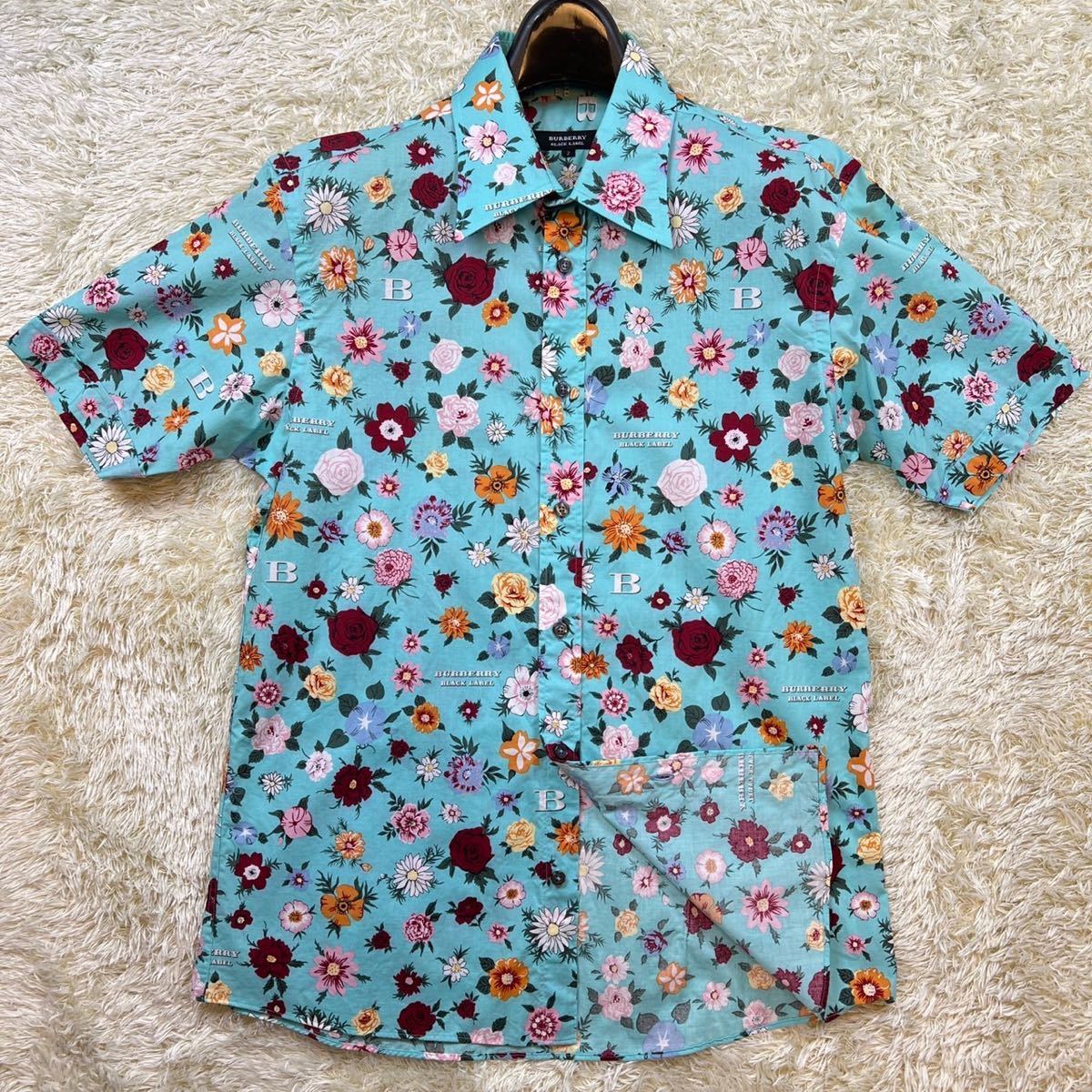 美品 バーバリーブラックレーベル アロハ 半袖シャツ 花柄 フラワー