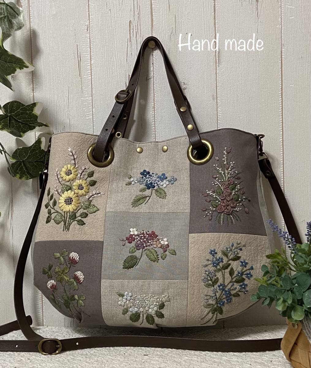  お花の手刺繍 夏のお花 紫陽花 向日葵 薔薇 ブルースター アカツメクサ 鈴蘭など 数種のリネンパッチ レザー持ち手４wayバッグ(女性用)｜売買されたオークション情報、yahooの商品情報をアー 女性用