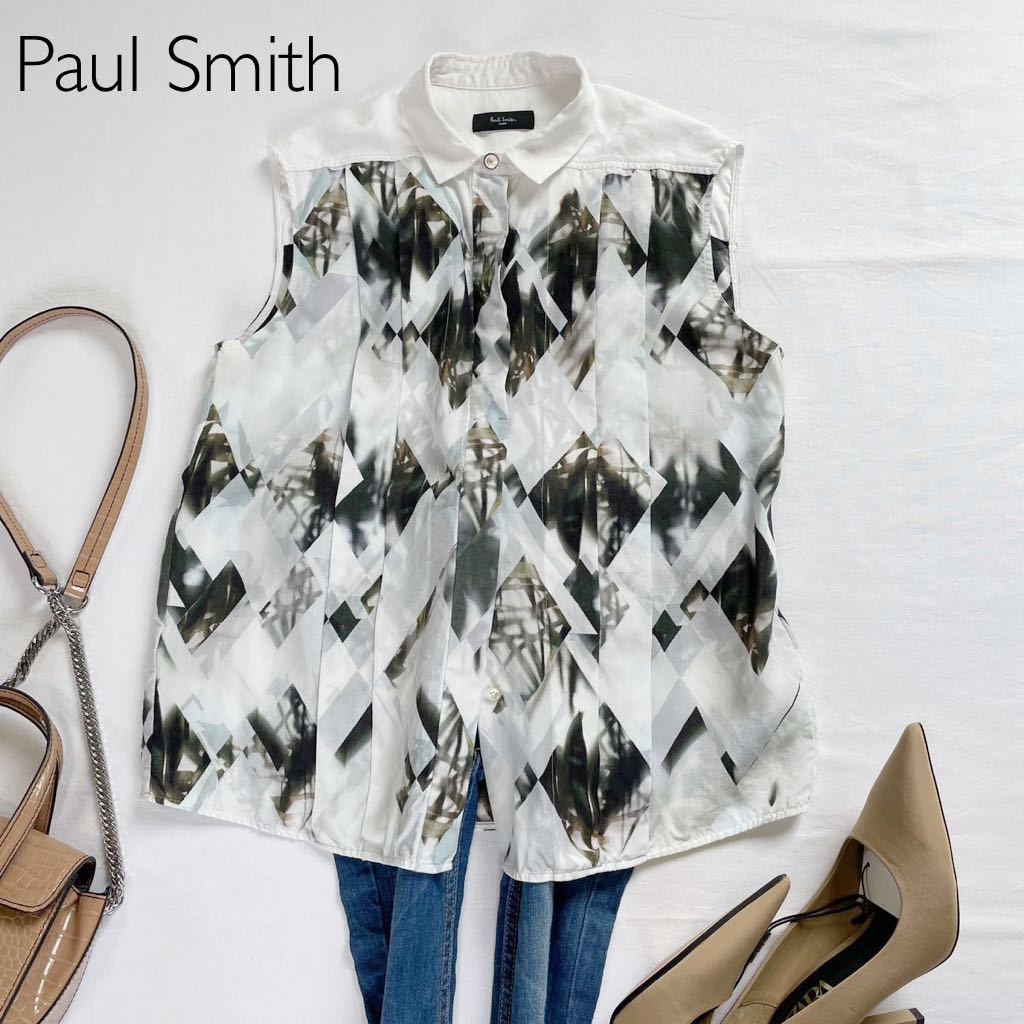 Paul Smith ポールスミス　大人素敵　軽やか　お洒落プリント　プリーツ　ノースリーブブラウス 爽やか　水彩画風