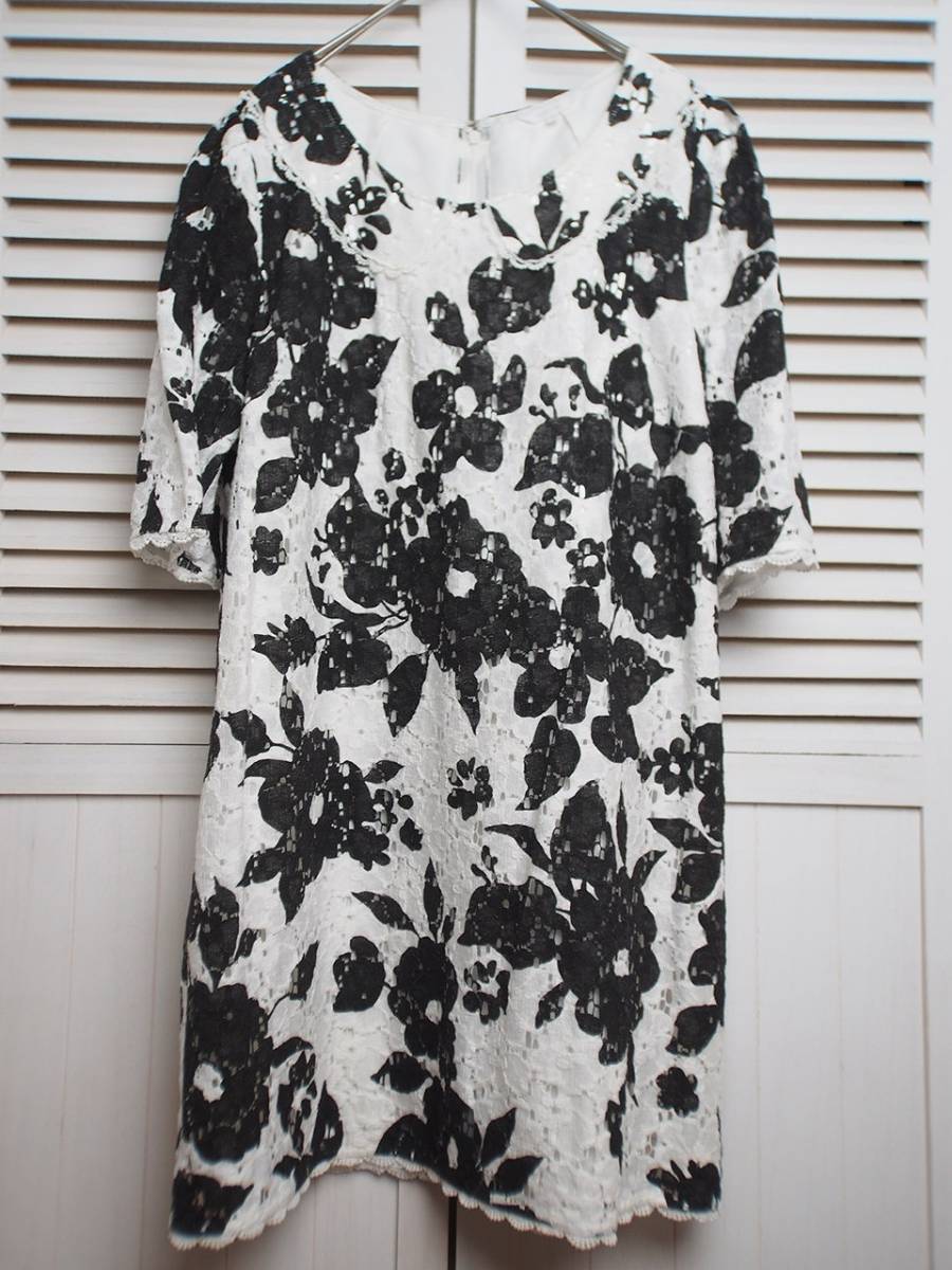 送料無料■トゥービーシック 【L】 ■チュニック■モノトーンレース花柄■大きいサイズ 46■USED・美品■TO BE CHIC■