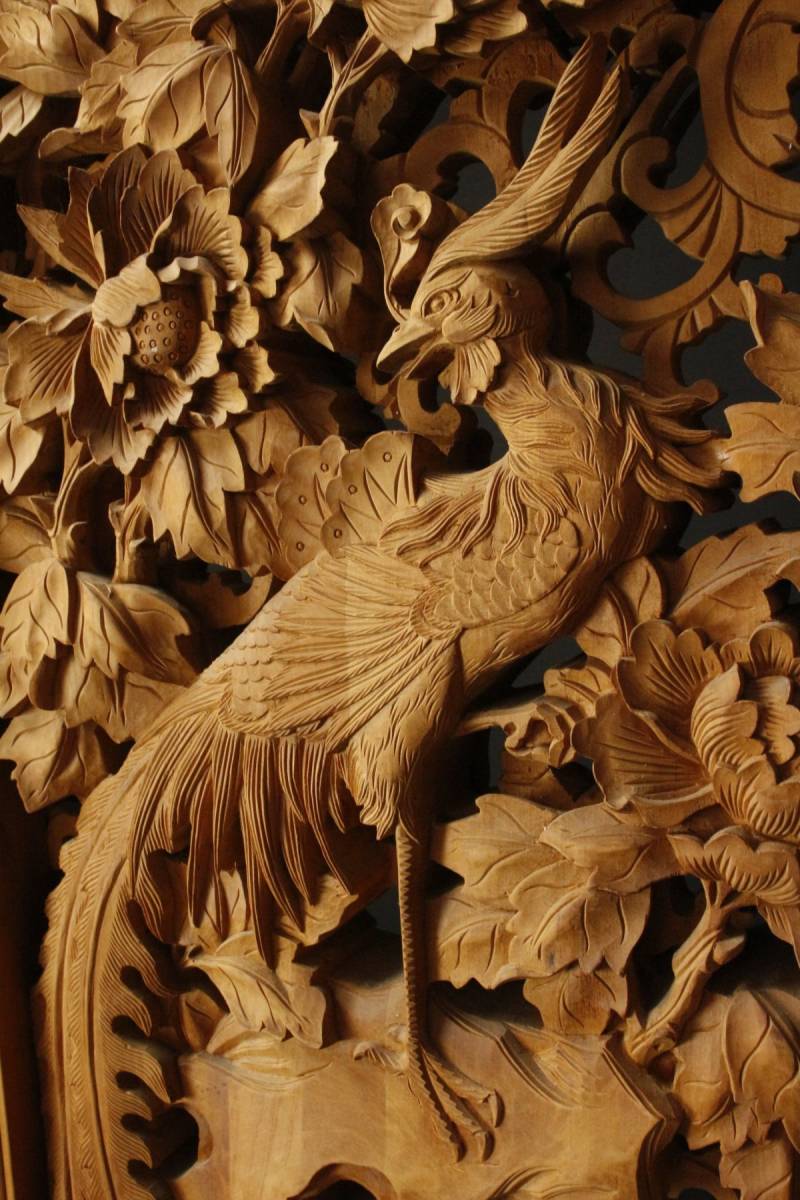 木彫工芸品 花鳥図 透かし彫り 金塗り　オブジェ　アンティーク LIG】時代物 木彫 細密彫刻 透彫花鳥風景図衝立 特大163㎝ 屏風 超絶