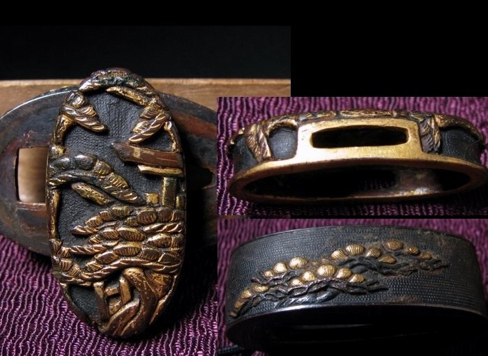時代武具 赤銅金色絵 縁頭 松の図 桐箱付 江戸時代/23g051 【公式通販】