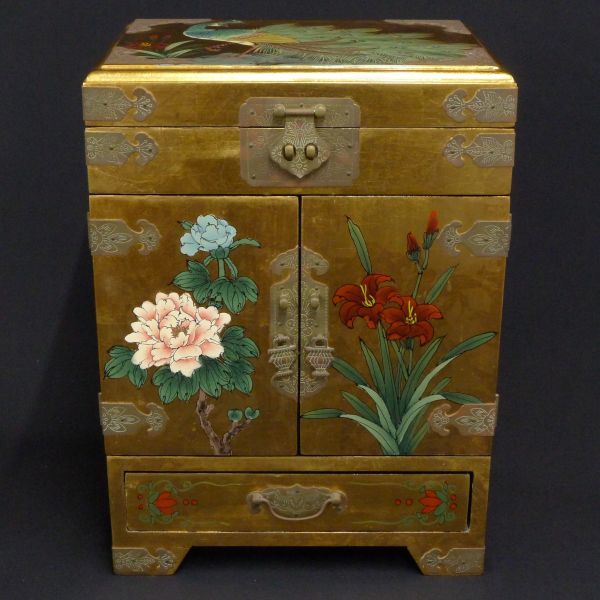 R627 天然木製 李朝家具 尾形光琳風 金箔色絵花鳥図 宝石箱 ジュエリー 