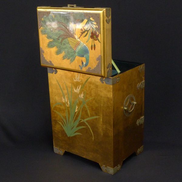 R627 天然木製 李朝家具 尾形光琳風 金箔色絵花鳥図 宝石箱 ジュエリー 